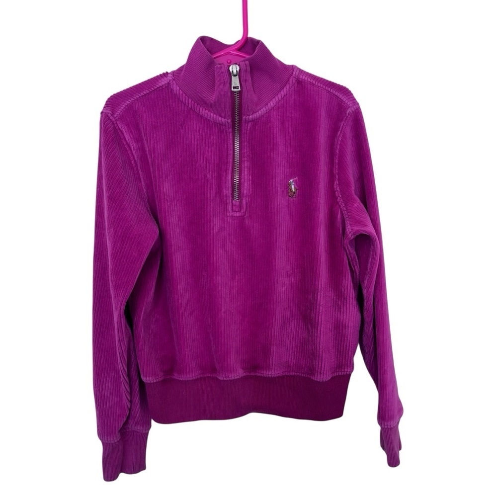 Ralph Lauren Polo girls kids quarter zip Corduroy ribbed Sweatshirt - Magenta